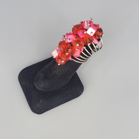Red Beaded Silvertone Spiral Ring - Picture 3 of 9